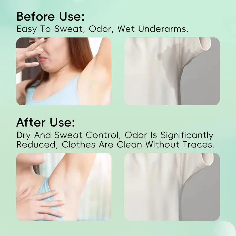 Comparison of underarm condition before and after using a product, showing differences in sweat and odor control.